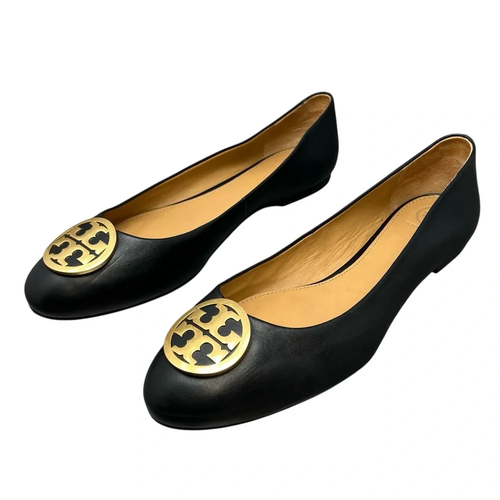 Tory Burch Black Ballet Flats Size 12 Leather with Gold Logo Emblem Shoes - Picture 12 of 13